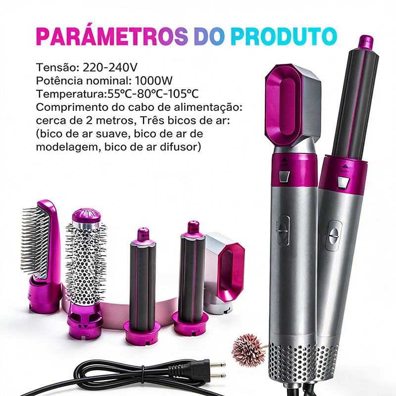 Secador De Cabelo Multifuncional 5 Em 1 , Seco/Suave/Onda , Escova Alisadora De Estilo