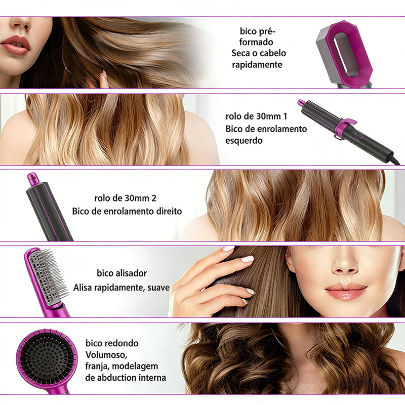 Secador De Cabelo Multifuncional 5 Em 1 , Seco/Suave/Onda , Escova Alisadora De Estilo